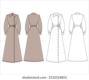 Womens Trenc Coat, Womens Dress, flat design for illustration template and technical drawing