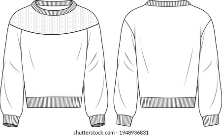 Women's Trim Detail Tricot. Technical fashion tricot illustration. Flat apparel top template front and back, white color. Women's CAD mock-up.