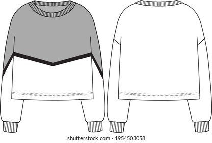 Women's Trimmed Boxy Crop Sweatshirt. Technical fashion sweatshirt illustration. Flat apparel sweat template front and back, white color. Women's CAD mock-up.