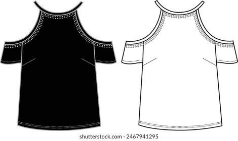 Frauen beschnittene kalte Schulter oben. Technische Modedarstellung. Vorderseite, weiß und schwarz. CAD Mockup für Damen.