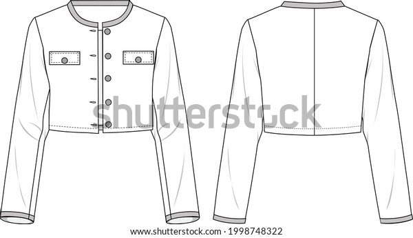Women\'s Trimmed Crop Jacket. Jacket technical\
fashion illustration. Flat apparel jacket template front and back,\
white color. Women\'s CAD\
mock-up.