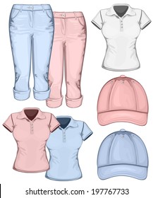 Women's trouser jeans and polo-shirt design templates. vector illustration
