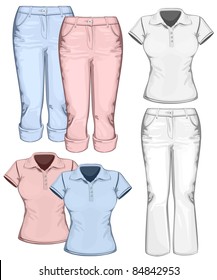 Women's trouser jeans and polo-shirt design templates. vector illustration