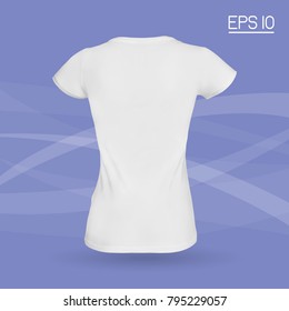 Women's T-shirt back view mockup. White tshirt blank template. Shirt for girls realistic mock up on background.