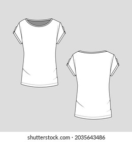 Womens t-shirt boat neck short sleeve roll tab tee top blouse cad mockup fashion flat sketch drawing template design vector