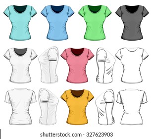 Women's t-shirt design template (front, back and side view). No mesh. Vector illustration