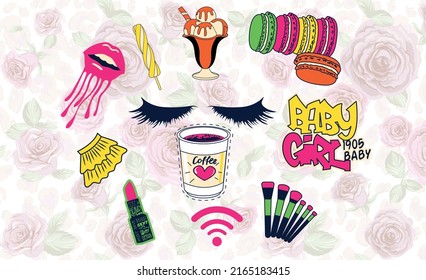 Women's T-shirt with flower pattern with juice, ice cream, candy, eyelashes, lips and coffee