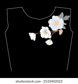 Women's T-shirt with flowers on a black background. Vector illustration. Embroidery flower round neck line patch composition for t-shirt design. 