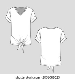 Womens t-shirt front tie knot ruffle sleeve v neck top blouse  fashion flat sketch technical drawing  template design vector