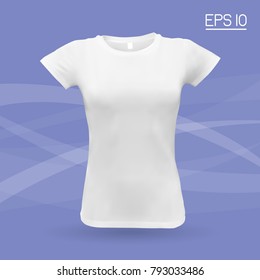 Women's T-shirt front view mockup. White tshirt blank template. Shirt for girls realistic mock up on background.