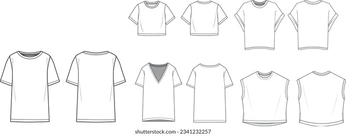 
women's t-shirt models blank template set, crew neck regular fit, crew neck crop fit, V-neck regular, double sleeve loose, sleeveless oversize t-shirt drawings