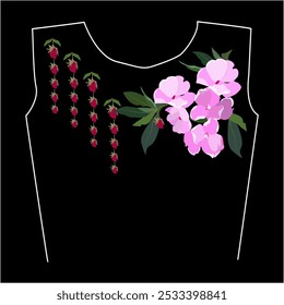 Women's T-shirt with pink flowers on a black background. Embroidery flower round neck line patch composition for t-shirt design. 