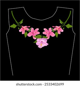 Women's T-shirt with pink flowers on a black background. Embroidery flower round neck line patch composition for t-shirt design. 