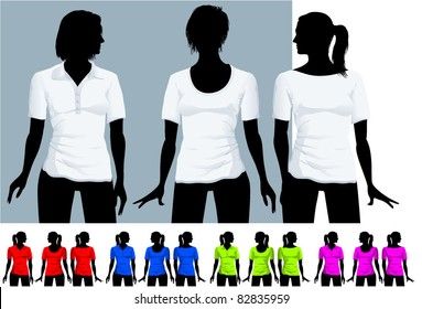  Women's  t-shirt and polo shirt design template with black body silhouette (various hair-dress). Vector.