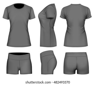 Women's t-shirt short sleeve and sport shorts. Fully editable handmade mesh. Vector illustration.