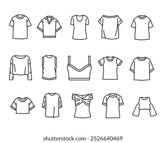 Women's T-Shirts line black icons set. Signs for web page, mobile app, button, logo. Vector isolated buttons. Editable stroke.