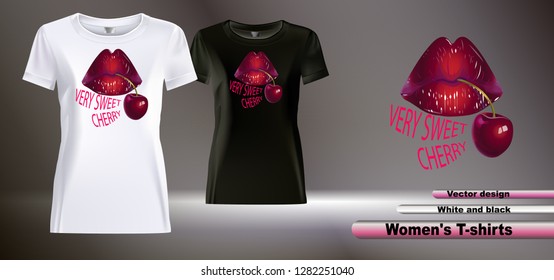 Women's t-shirts WITH LIPS AND CHERRY. Vector design elements for infographic, web, internet, presentation. 