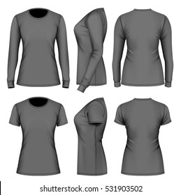 Women's t-shirts long and short sleeve. Fully editable handmade mesh. Vector illustration.