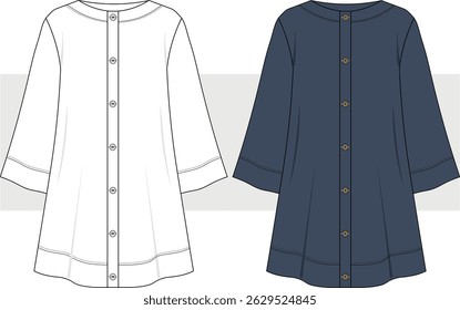 Women's tunic dress long bell sleeves fashion technical drawing, flat sketch, illustration. Casual dress front view vector. Cad, Mockup.