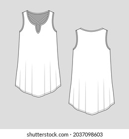 Womens tunic tank top criss cross notch neck Fashion top flat sketch Technical Drawing template design vector