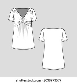 Womens tunic top Front Twist knot gathering v neck short sleeve t shirt blouse top fashion flat sketch technical drawing template design vector