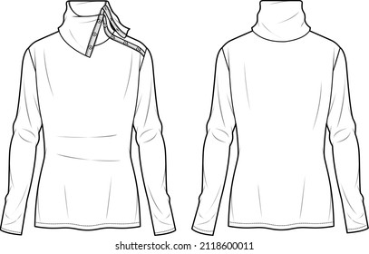 Women's Turtle Neck and Button Detail Top. Technical fashion top illustration. Flat apparel top template front and back, white color. Women's CAD mock-up.