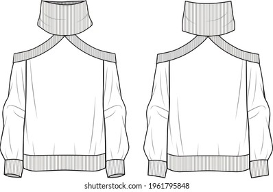 Women's Turtle Neck, Cold Shoulder Sweater. Sweater technical fashion illustration. Flat apparel sweater template front and back, white color. Women's CAD mock-up.