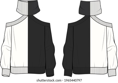 Women's Turtle Neck, Cold Shoulder Sweater. Sweater technical fashion illustration. Flat apparel sweater template front and back, white color. Women's CAD mock-up.