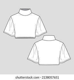 Womens Turtle Neck Crop Top T Shirt Blouse  Fashion Tee  Flat Sketch Drawing Template Design Vector