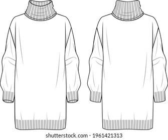 Women's Turtle Neck Knit Dress. Dress technical fashion illustration. Flat apparel dress template front and back, white colour. Women's CAD mock-up.