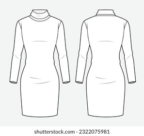 Women's turtle neck long sleeve bodycon midi dress front and back view technical flat drawing vector template