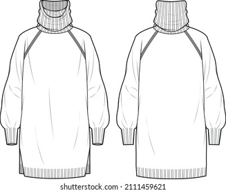 Women's Turtle Neck, Raglan Sleeve Tunic. Tunic technical fashion illustration. Flat apparel tunic template front and back, white colour. Women's CAD mock-up.