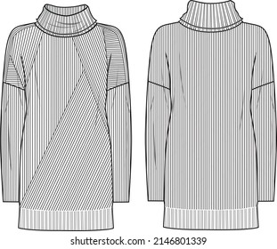 Women's Turtle Neck Rib Stitch Detail Knit Dress. Dress technical fashion illustration. Flat apparel dress template front and back, white colour. Women's CAD mock-up.