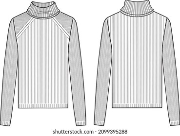 Women's Turtle Nek, Fine Rib Jumper-Knit Sweater- Sweater technical fashion illustration. Flat apparel sweater template front and back, white colour. Women's CAD mock-up.