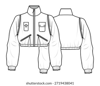 Frauen Rollkragen beschnittene Jacke technische flache Skizze Vektor Mockup Illustration.