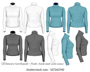 Women's turtleneck design templates (front, back and side views). Vector illustration