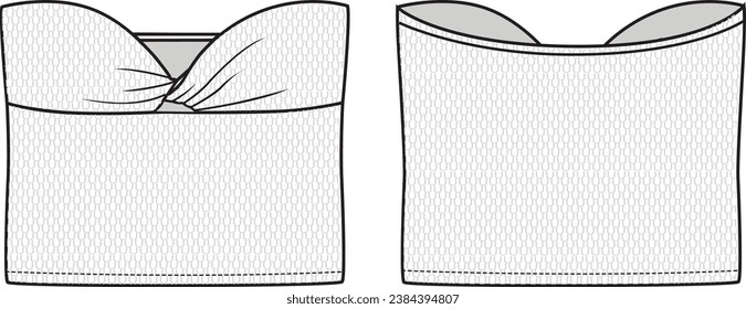 Women's Twist Front Bandeau Top. Technical fashion top illustration. Front and back, white colour. Women's CAD mock-up.