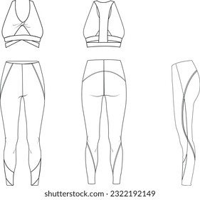 women's twist front sports bra,High waist legging with piping detail.Work out stretch yoga pant technical drawing vector,flat,template