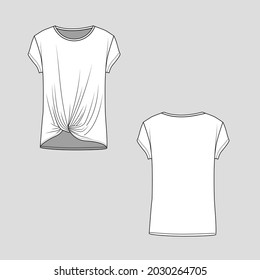 Womens twist  t-shirt top flat sketch technical drawing template deign vector
