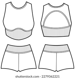 womens two piece seamless yoga set sleeveless crop top and shorts sports wear flat sketch vector illustration technical cad drawing template