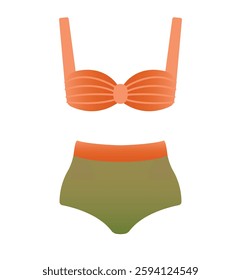 Women's two-piece swimsuit, bikini, bra. Female clothes. Vector isolated illustration with beachwear. Cartoon naive clipart. Flat Design. Hello summer. 