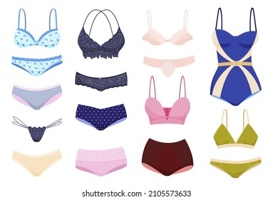 Womens underwear collection vector flat illustration. Set types of female panties, bra and swimsuits decorated by design elements isolated. Feminine fashion comfortable lingerie bikini body clothing