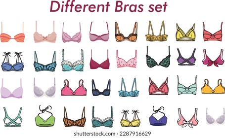 Ropa interior femenina de diferentes tipos de sostenes Set. sostenes de diferente color y tipo.