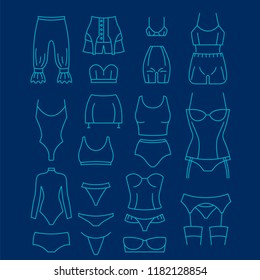 Women`s underwear evolution. Thin line design. Vector illustration icon set