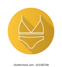 Women's underwear flat linear long shadow icon. Bra and panties. Swimwear. Vector line symbol