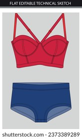 Women's underwear sets. Vector illustration of a red bra and panties. Flat sketch.