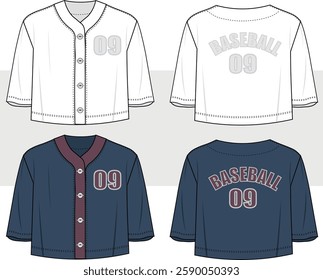 Women's unisex short sleeve Baseball jersey look T Shirt cropped, with print. Front and Back View. Fashion Illustration, Vector, CAD, Technical Drawing, Flat Drawing, Template, Mockup.