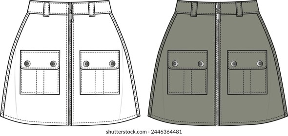 Women's Utility Mini Skirt- Technical fashion illustration. Front, white and khaki colour. Women's CAD mock-up.