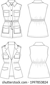 Women's Utility Suit Vest Set. Vest technical fashion illustration. Flat apparel vest template front and back, white colour. Unisex CAD mock-up.