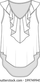Womens V neck with Fancy Ruffles Sleeveless long and short hem  top